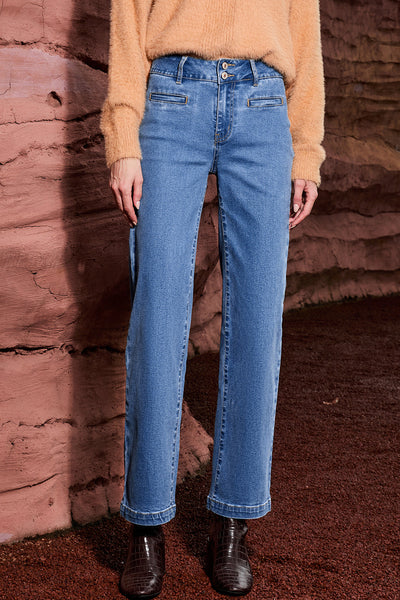 Women's Light Blue High Rise Straight Leg Jeans with Double Button