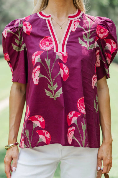 Stylish Women's Red Floral V-Neck Blouse with Short Puff Sleeves & Stripes - Perfect for Casual Outings