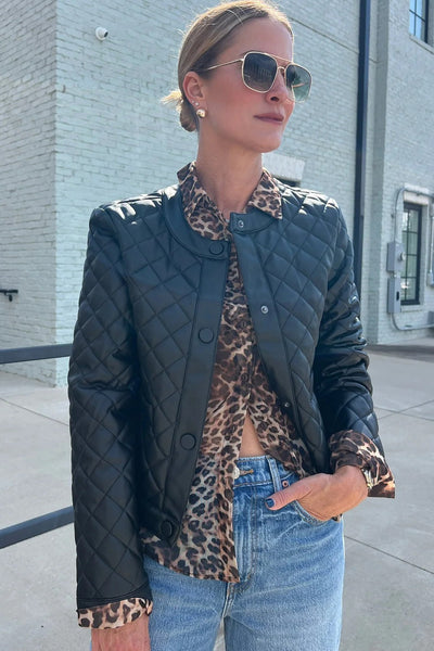 Stylish Women's Black Quilted Faux Leather Winter Jacket with Snap Buttons - Cozy Outerwear for Cold Weather Fashion