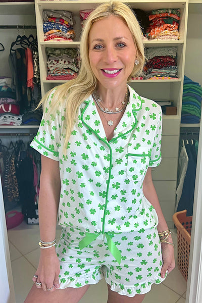 Women's Clover Print Short Sleeve Pajama Set with Ruffles