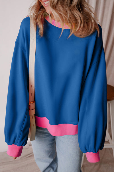 Trendy Women's Blue Colorblock Bubble Sleeve Sweatshirt Stylish Casual Top for Comfort and Everyday Wear