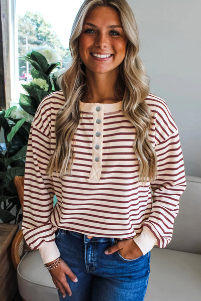 Women's Relaxed Striped Henley Top in Red Dahlia and Cream with practical styling and dependable silhouette control.