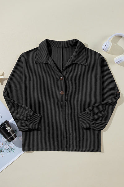 Stylish Women's Black Oversized Ribbed Henley Top with Roll-Up Sleeves and Trendy Twist Detail for Effortless Fashion