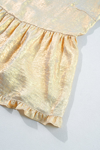 stylish women's gold metallic frilled v-neck puff sleeve babydoll blouse for day or night fashion looks with practical styling and dependable