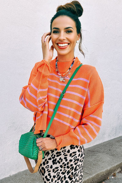 Stylish Women's Cozy Orange Stripe Sweater - Comfortable Knit Top with Relaxed Fit for Casual Everyday Style