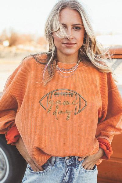 Women's Embroidered Game Day Ribbed Sweatshirt in Burnt Orange