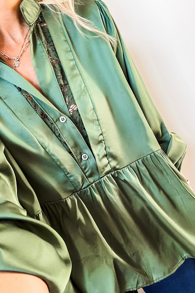 Elegant Mist Green Satin Peplum Blouse for Women with Lace Neckline & 3/4 Sleeves - Chic Casual Elegance