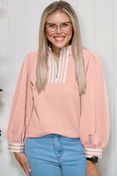 Women's Gossamer Pink Rhombus Texture Quarter-Zip Pullover