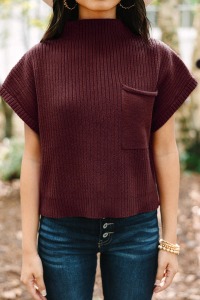 Women's Mineral Red Ribbed Knit Short Sleeve Sweater with Patch Pockets - Stylish and Comfortable Casual Top