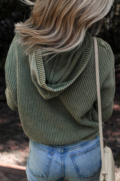 Women's Mist Green Ribbed Knit Hooded Pullover Sweater - Cozy Casual Style with Drawstring and Mineral Wash Finish