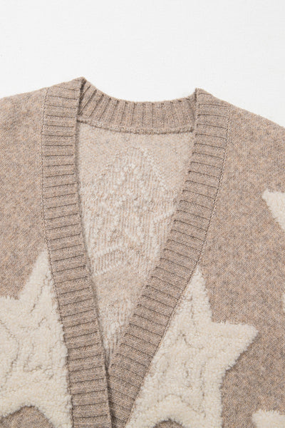 Chic Women's Khaki Sherpa Cardigan with Star Pattern & Pockets - Cozy Textured Sweater for Casual Style