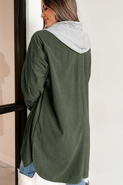 Stylish Women's Jungle Green Oversized Corduroy Hooded Shacket with Contrast Details for Ultimate Comfort