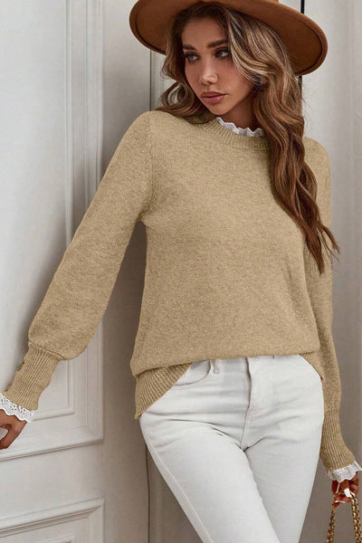 Light Beige Women's Lace Trim Patchwork Sweater with Buttoned Cuffs - Cozy Relaxed Fit for Effortless Style
