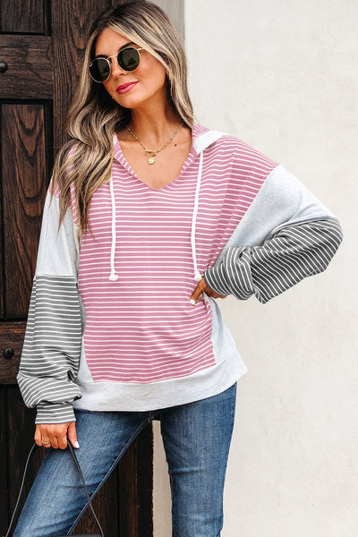 Casual Women's Pink Striped Color Block Hooded V-Neck Top - Loose Fit with Adjustable Drawstring for Comfortable Style