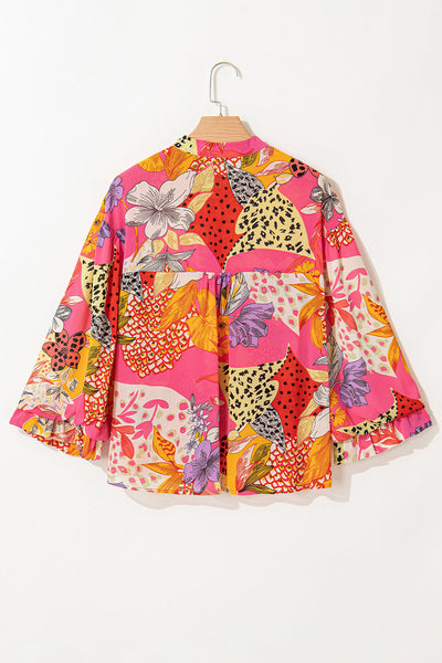 Stylish Women's Red Floral Print Ruffled Bubble Sleeve Shirt with Button Detail Comfortable and Trendy Fit