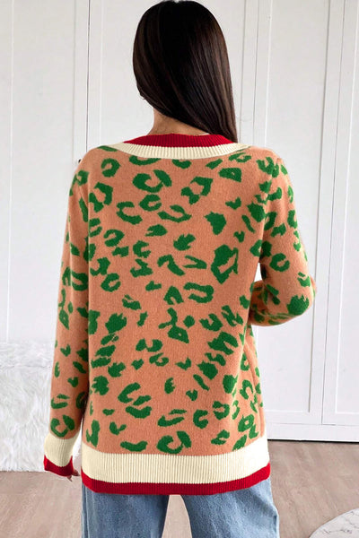 Women's Cozy Orange Leopard Print V-Neck Sweater with Striped Trim - Trendy Knit Top for Stylish Fall Fashion