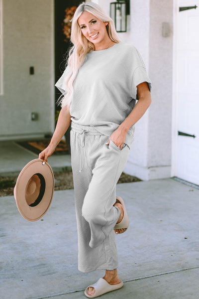 Women's Gray Textured Lounge Set Relaxed Fit T-Shirt & Drawstring Pants for Ultimate Comfort and Chic Style