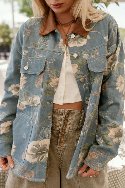 Trendy Women's Sky Blue Floral Denim Jacket with Contrast Corduroy Collar - Stylish Patchwork for Fashionable Looks made for easy styling and wardrobe