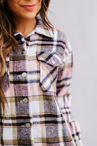 Trendy Women's Oversized Pink Geometric Plaid Shacket with Pockets Perfect for Casual Chic Outfits