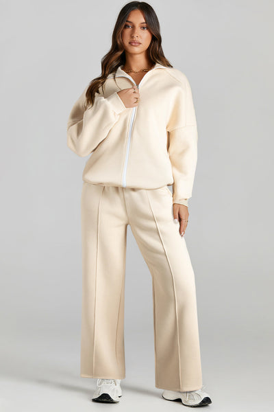 Beige Women's Activewear Set: Stylish Drop Shoulder Zip-Up Jacket & Drawstring Pants for Comfort and Performance