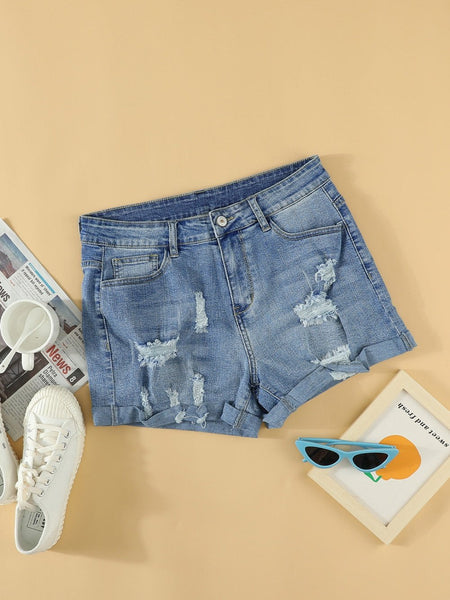 Lace-Up Denim Shorts, Distressed, American Flag