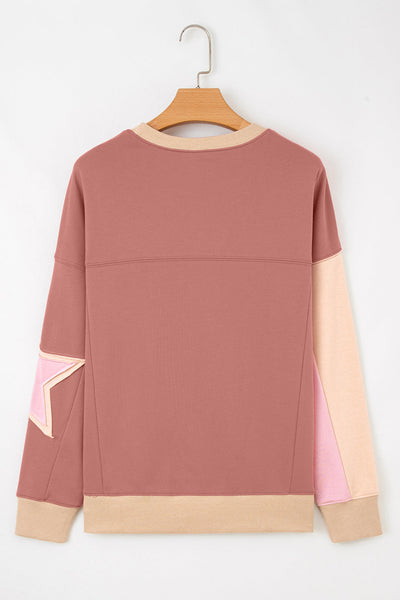 Women's Rose Pink Contrast Star Patchwork Pullover Sweatshirt