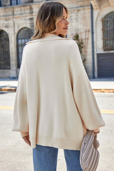 Women's Beige Viscose-Blend Knit Cardigan with Notch Lapel