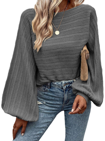 Elegant Dark Grey Eyelet Textured Knit Sweater with Lantern Sleeves