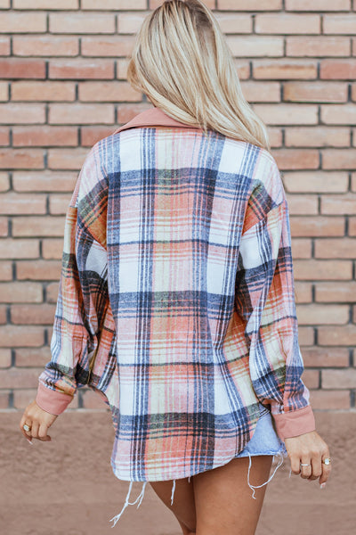 Stylish Women's Light Pink Plaid Corduroy Shacket with Patchwork Design and Chest Pocket for Trendy Layering