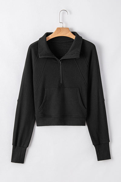 Cozy Women's Black Fleece-Lined Zip-Up Sweatshirt with Stand Collar & Thumbhole Sleeves for Ultimate Comfort and Style