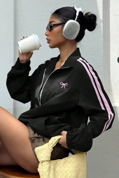Chic Women's Black Zip-Up Sweatshirt Jacket with Bow Embroidery for Cozy, Stylish Comfort and Effortless Layering