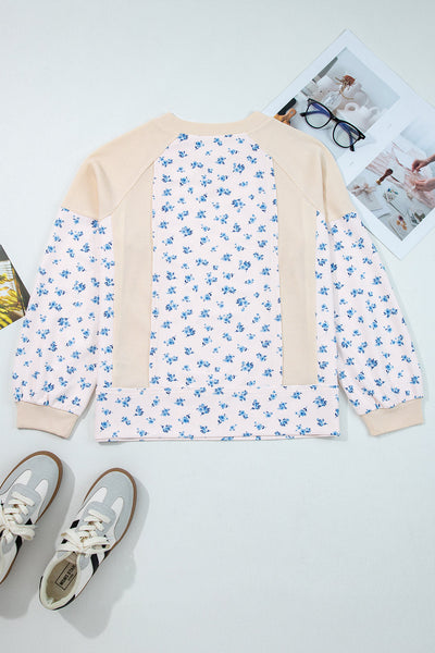 Women's Floral Color Block Waffle Knit Balloon Sleeve Top