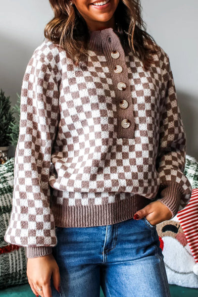 Women's Checkerboard Half-Button Knit Sweater in Cocoa and Cream with practical styling and dependable silhouette control.