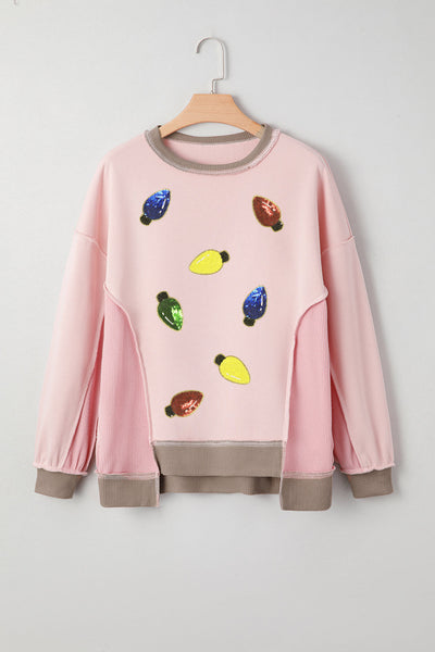 Women's Pink Sequin Christmas Light Sweatshirt with Patchwork