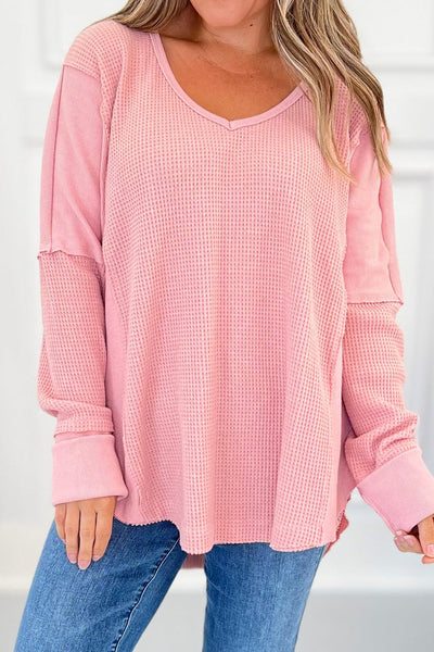 Women‚Äôs Relaxed Fit Pink Waffle Knit Patchwork Top Chic Casual Style for Effortless Everyday Fashion