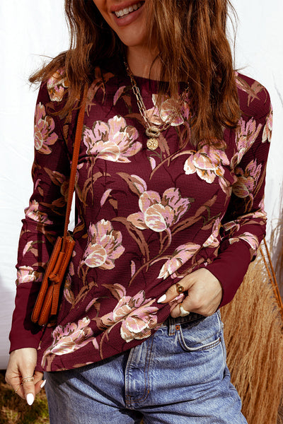 Women's Casual Chic Red Floral Waffle Long Sleeve Top Effortless Everyday Style for Modern Fashionistas