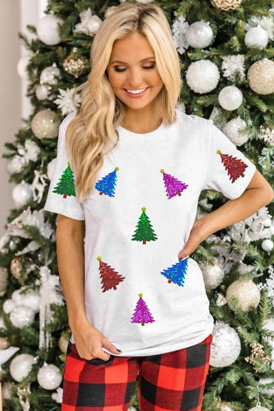 Women's Sequined Christmas Tree Graphic Tee with Rolled Cuffs
