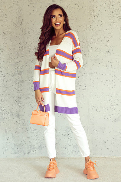 Stylish Women's Beige Striped Long Sleeve Cardigan with Ribbed Trim and Button Details for Effortless Everyday Elegance