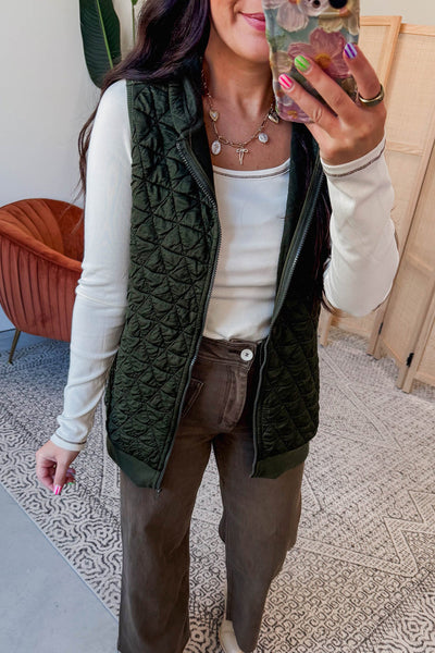 Stylish Women's Blackish Green Quilted Hooded Vest - Perfect Layering Piece for Cozy Fall and Winter Outfits