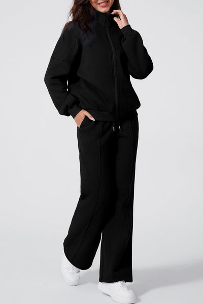 Women's Black Drop Shoulder Zip-Up Jacket & Drawstring Pants Activewear Set for Comfortable Fitness Style