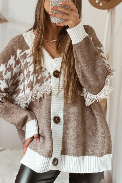 Chic Women's Khaki Houndstooth Color Block V-Neck Cardigan with Raw Edge & Button Front for Trendy Layering