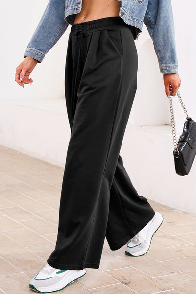 Women's High-Waist Wide-Leg Pleated Sweatpants in Black