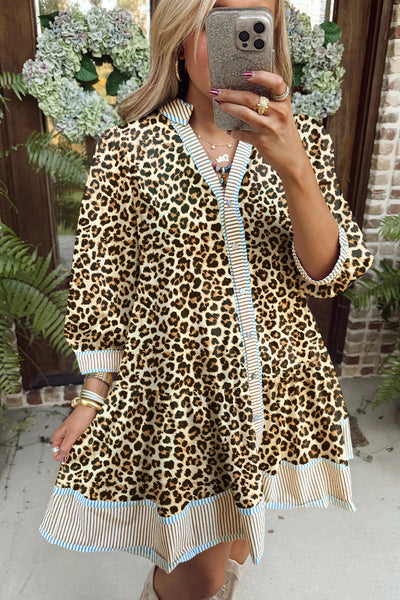 Plus Size Women's Khaki Leopard Print Flared Mini Dress with Striped Trim and V-Neck Button Down for Stylish Comfort