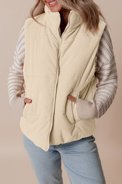 Women's Beige Corduroy Stand Neck Puffer Vest with Zipper