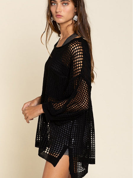 Sexy Black Crochet Fishnet Long Sleeve Beach Cover-Up