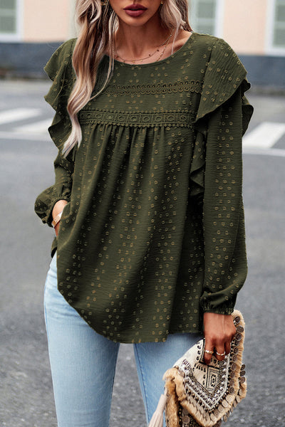 Elegant Women's Blackish Green Lace Blouse with Ruffle Sleeves - Chic Long Sleeve Top for Stylish Casual Outfits