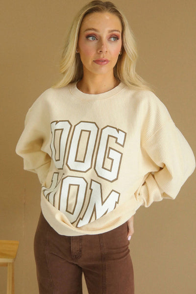 Beige Oversized Sweatshirt for Dog Moms - Cozy Casual with Ribbed Texture and Trendy Letter Print for Ultimate Comfort