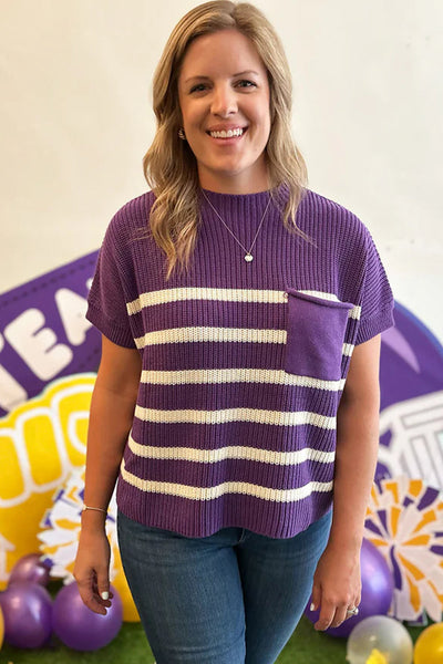 Casual Women's Purple Stripe Knit Sweater with Raw Edge and Patched Pockets - Short Sleeve Everyday Top