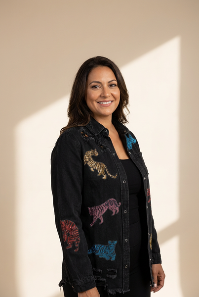Women's Trendy Black Sequin Tiger Print Distressed Denim Jacket