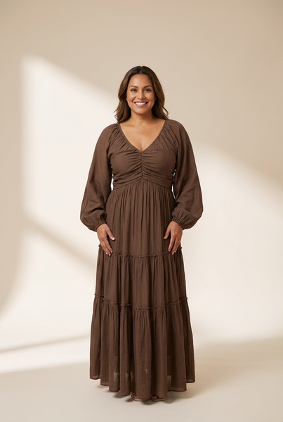 Women's Espresso Brown V-Neck Tiered Maxi Dress with Lantern Sleeves